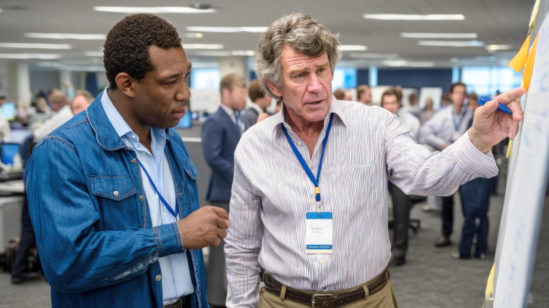 Two male colleagues discussing ideas on whiteboard in busy office environment, showing focus and collaboration photo