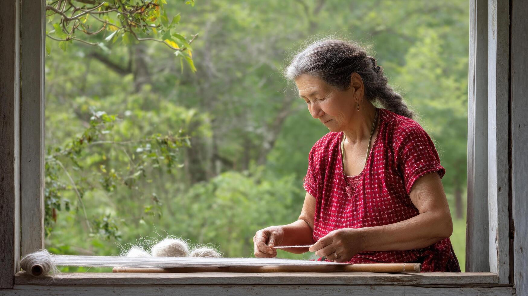 Elderly woman weaving yarn by window with green forest background, focused and peaceful in natural light photo