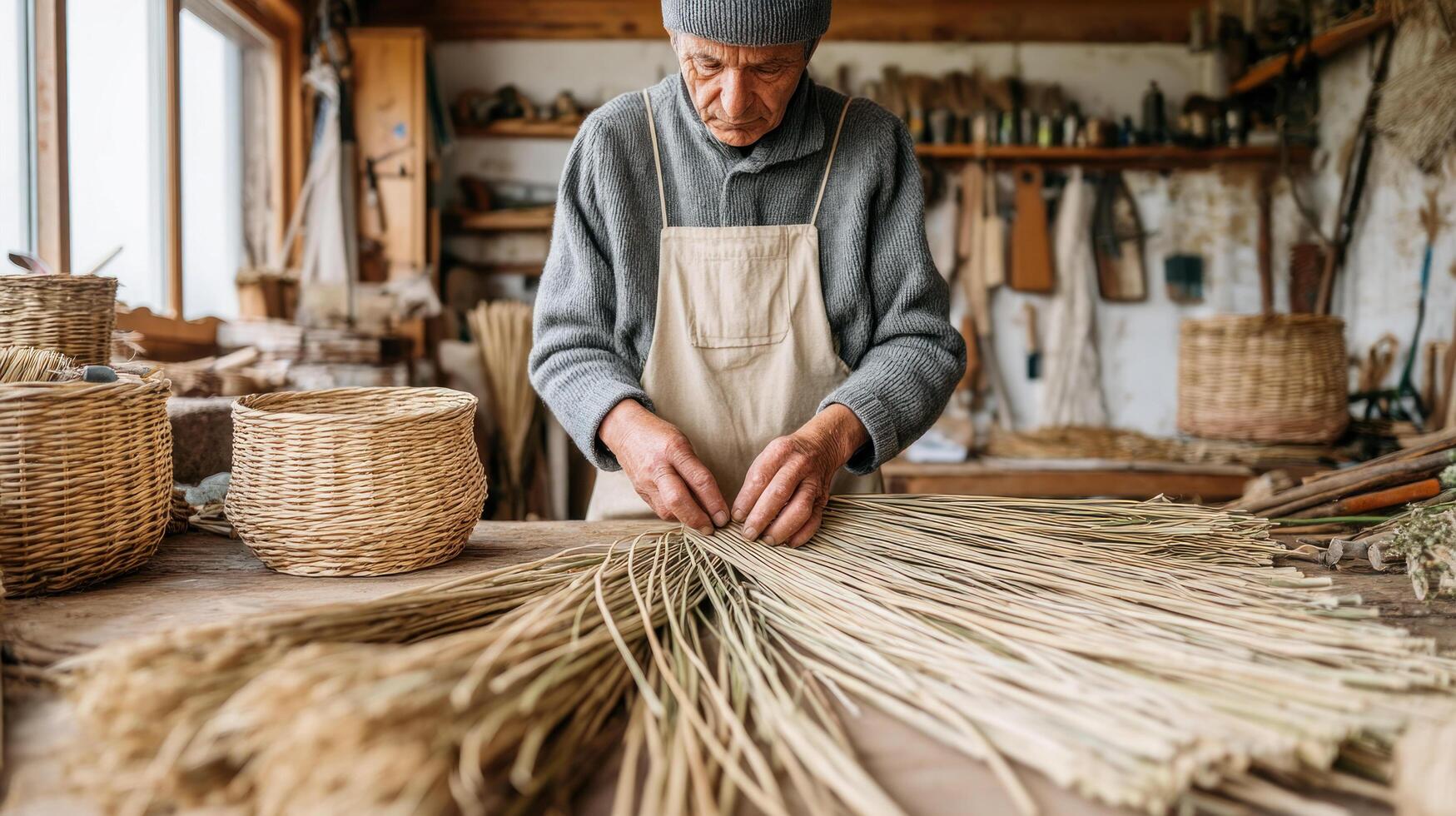 Elderly artisan weaving wicker baskets by hand in rustic workshop filled with natural materials and tools, focused on craftsmanship photo