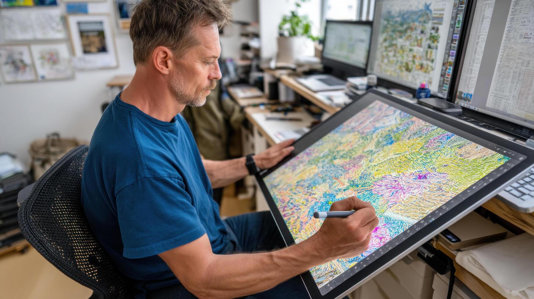 Man working on digital drawing tablet with stylus in creative office, focused on colorful detailed artwork with multiple monitors around photo