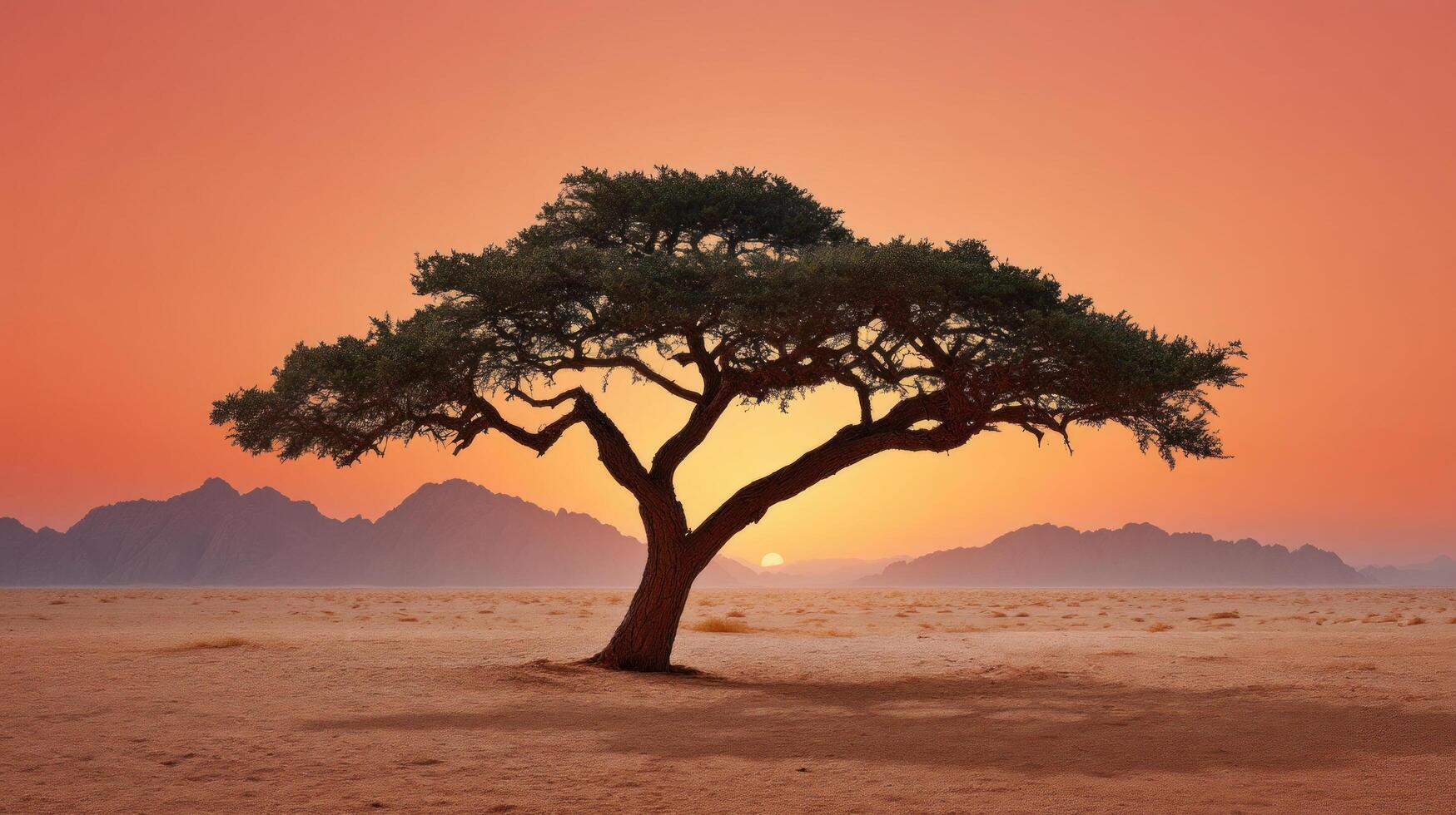 Acacia tree silhouette in desert landscape with mountain background during vibrant orange sunset, evoking calm and solitude photo