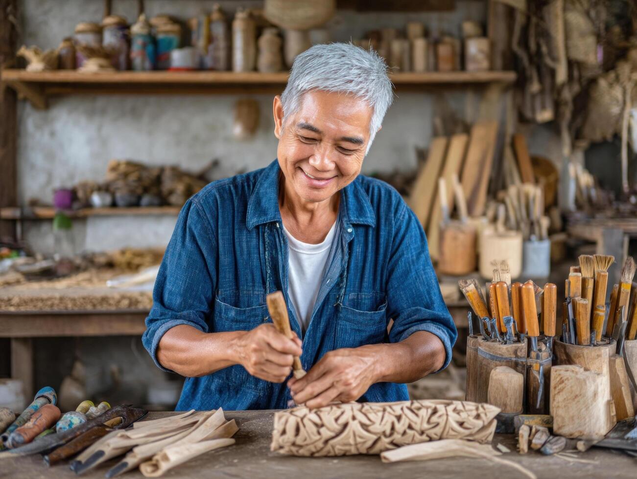 Woodcarver working on detailed wooden sculpture with carving tools in rustic workshop, focused elderly artisan creating traditional craft with joy photo