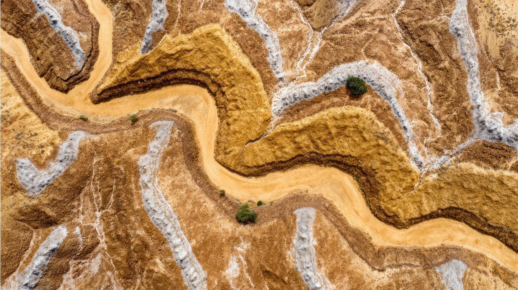 Winding dirt road through dry rugged terrain with sparse vegetation and contrasting earth tones creating abstract natural pattern photo
