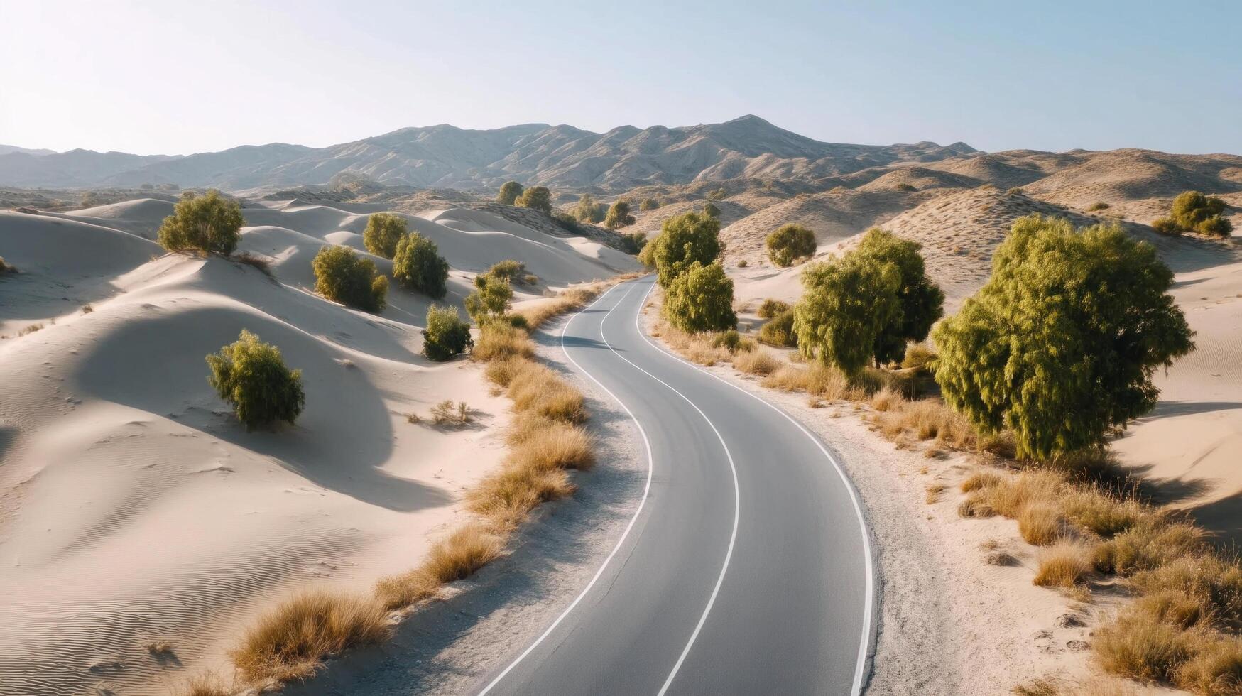 Winding road through desert landscape with sand dunes and scattered green bushes under clear blue sky photo