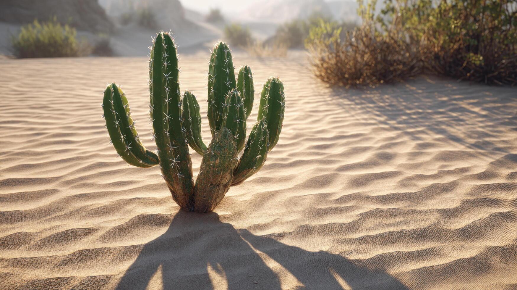 Green cactus plant with long shadows on rippled sand in desert landscape with dry bushes and soft sunlight photo