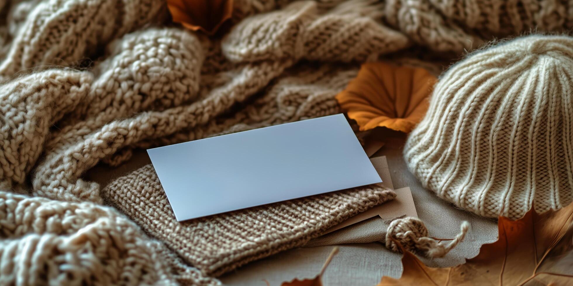 Warm Knitted Accessories and Blank Card Arranged on a Cozy Backdrop for Autumn Vibes photo
