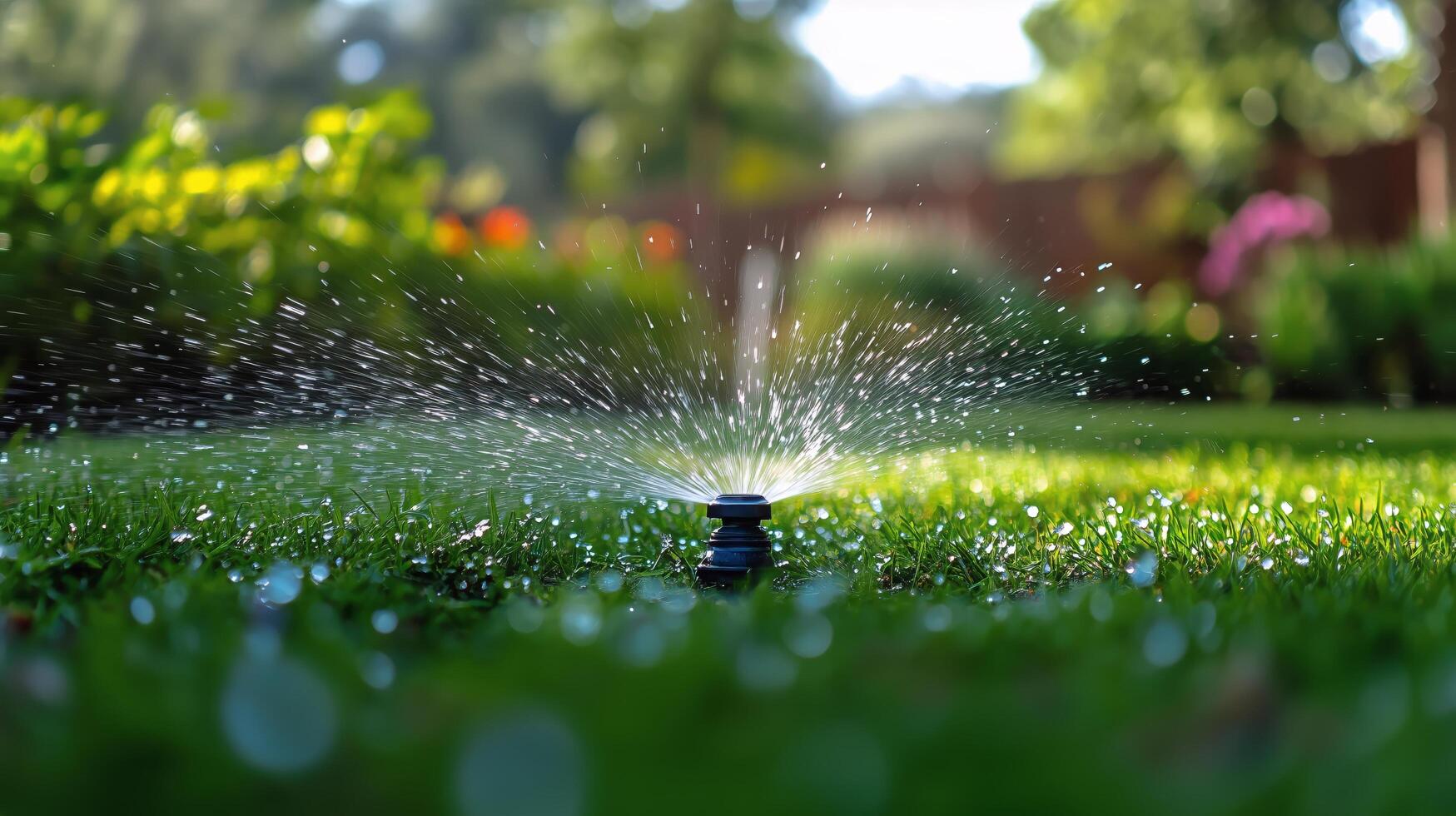 Garden Sprinkler Watering Grass in Bright Sunny Day With Flowers in Background photo