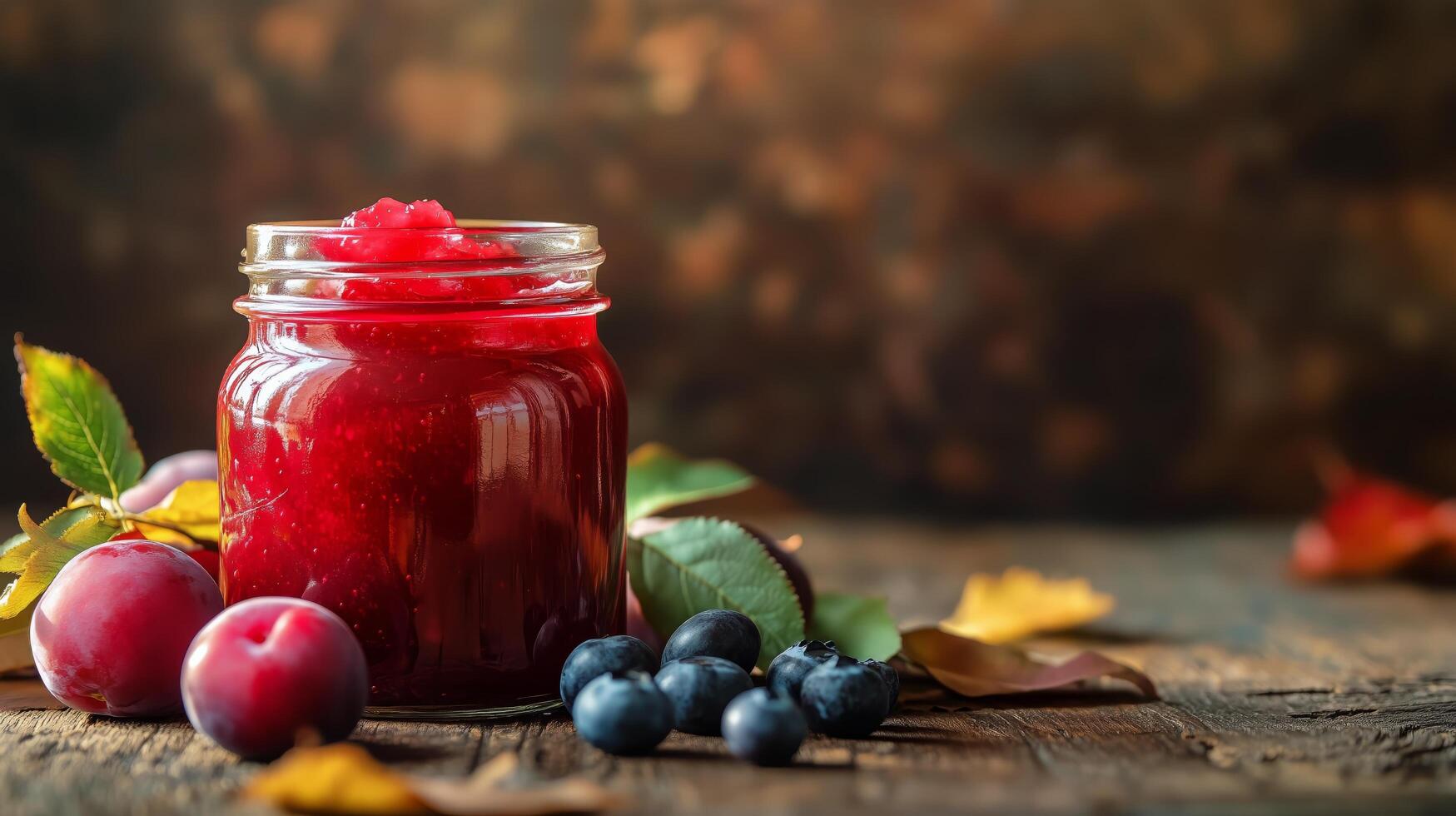 Delicious Homemade Berry Jam in a Glass Jar With Fresh Fruits on a Wooden Table photo