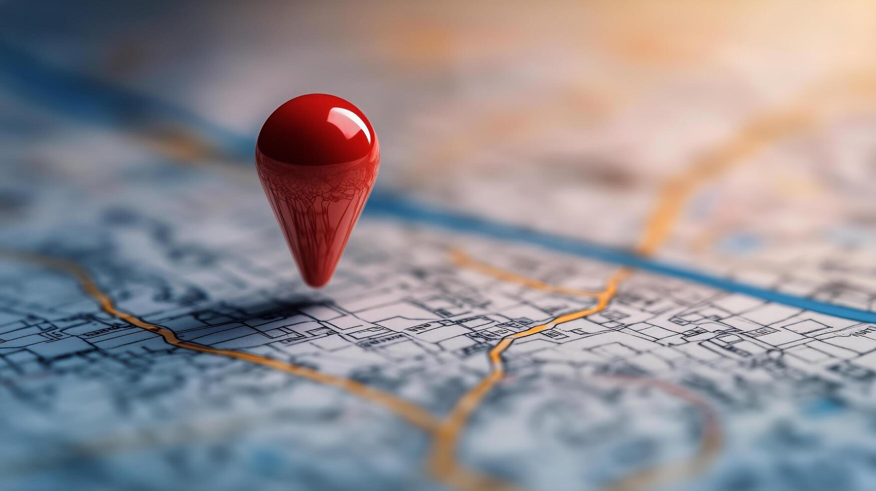 Red Map Pin Marks Location on City Map at Sunset Highlighting Navigation in Urban Area. photo