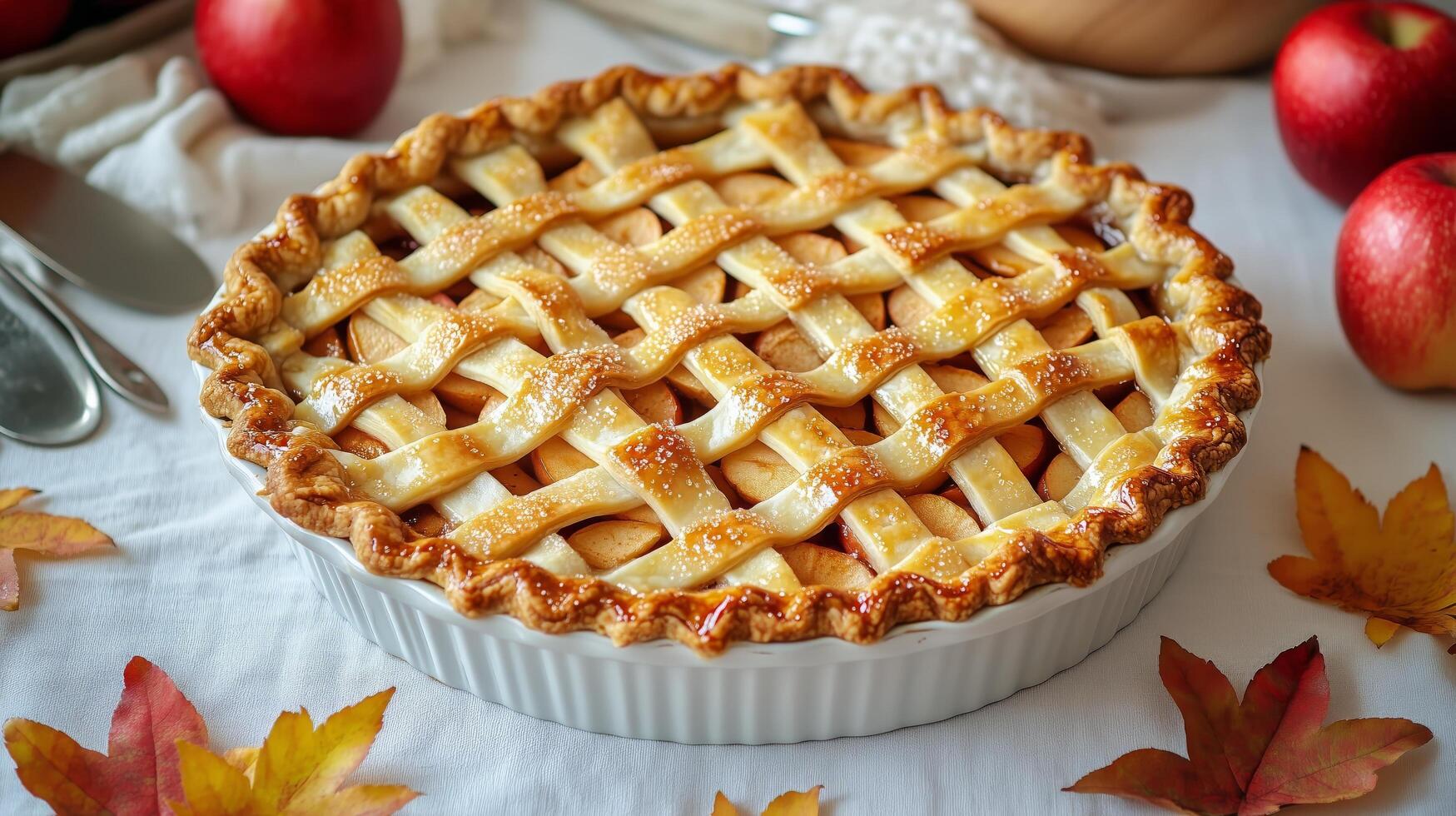 Homemade Apple Pie With Lattice Crust and Autumn Decorations on a Table photo