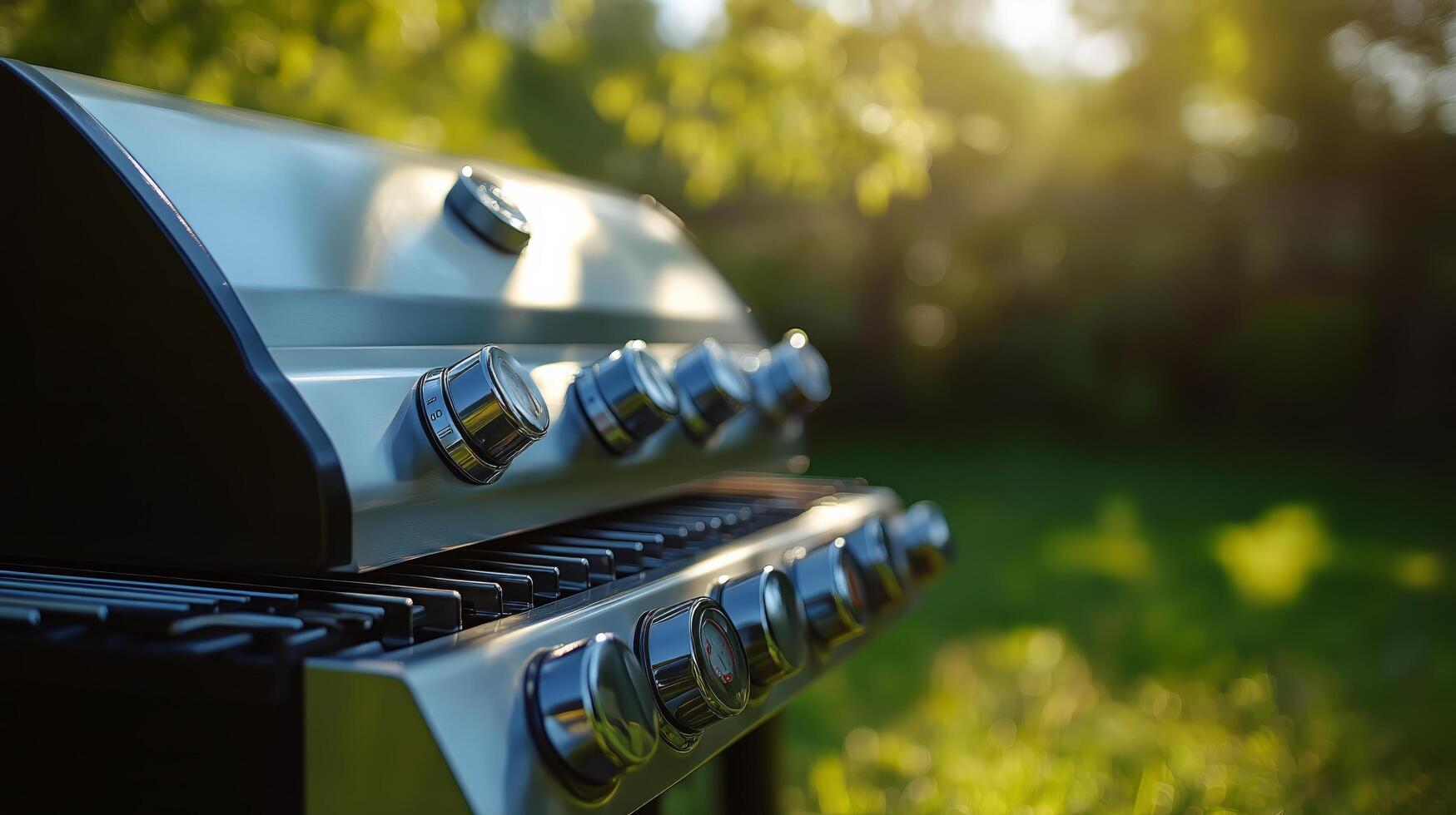 Grilling Outdoors at Sunset in a Lush Garden With a Shiny Barbecue Grill. photo