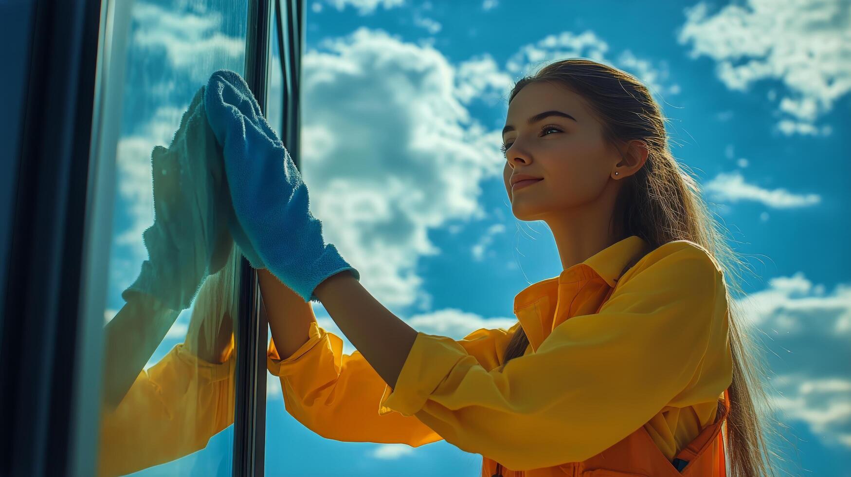 Woman Cleaning Glass Window Under Bright Sunlight on a Clear Day. photo