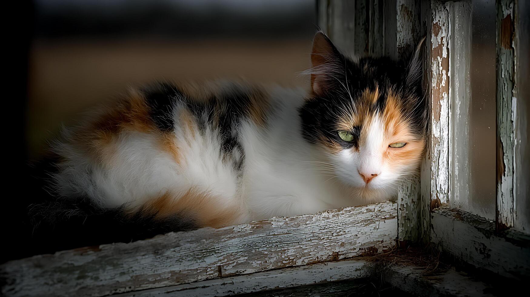 Calico Cat Resting by Peeling Window Frame photo