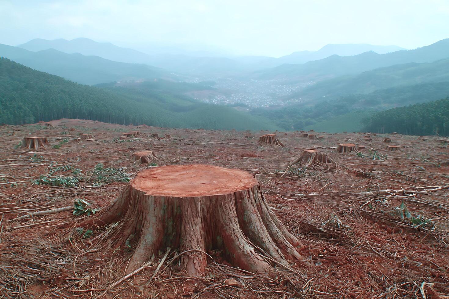 Deforestation Aftermath with Tree Stumps in Valley photo
