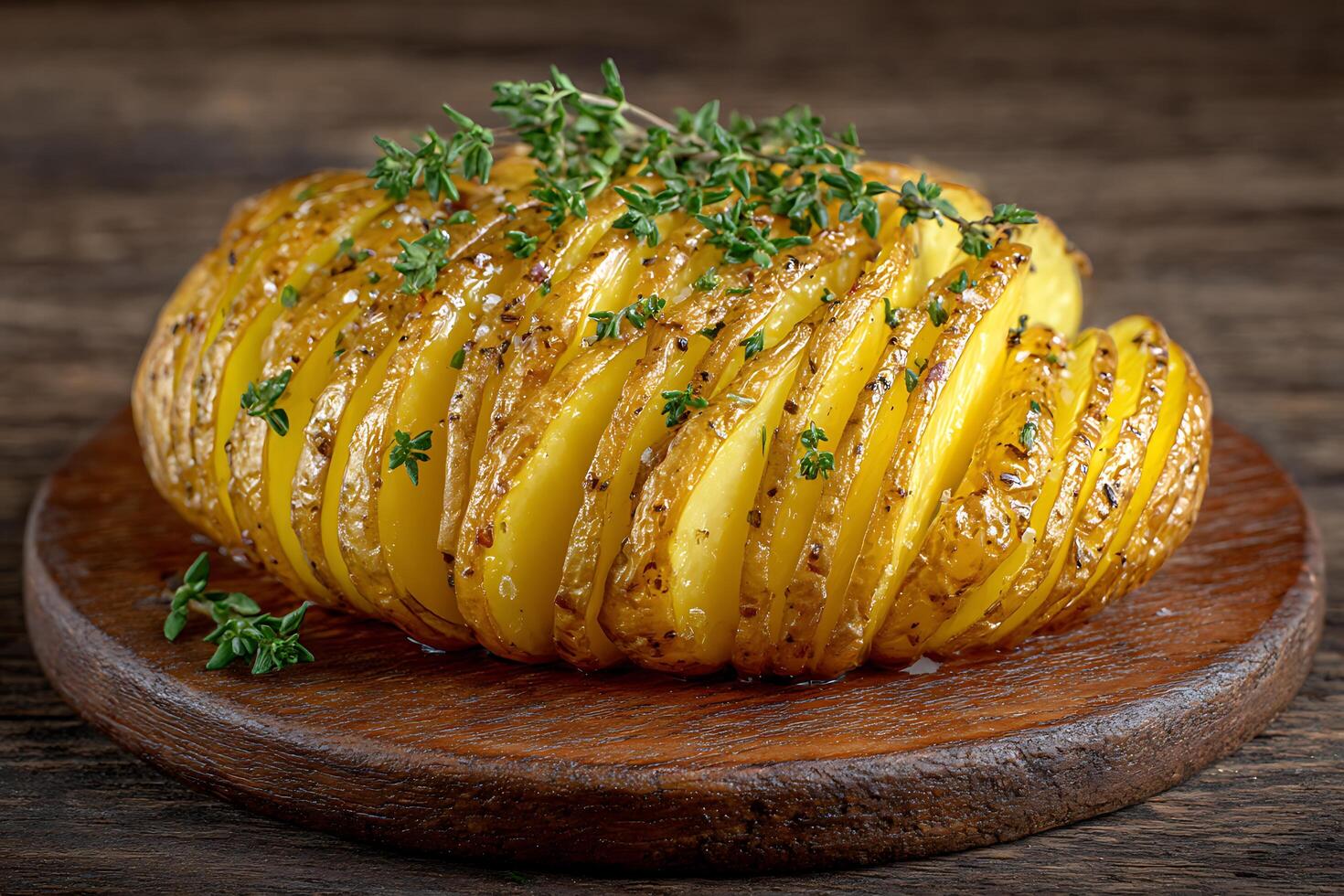 Sliced Hasselback Potato Garnished with Thyme on Wooden Board photo