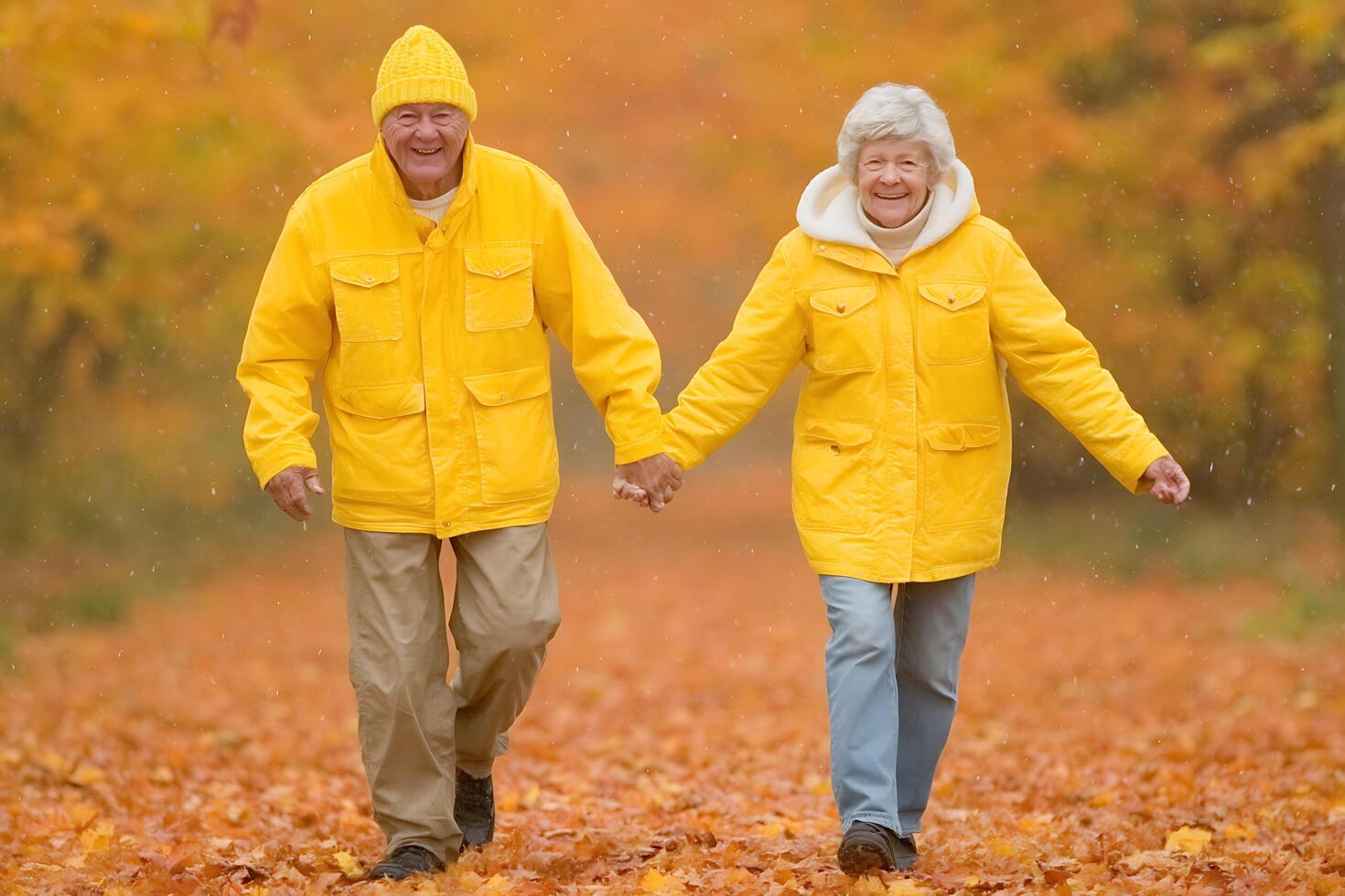 Elderly Couple Holding Hands Walking in Autumn Park photo
