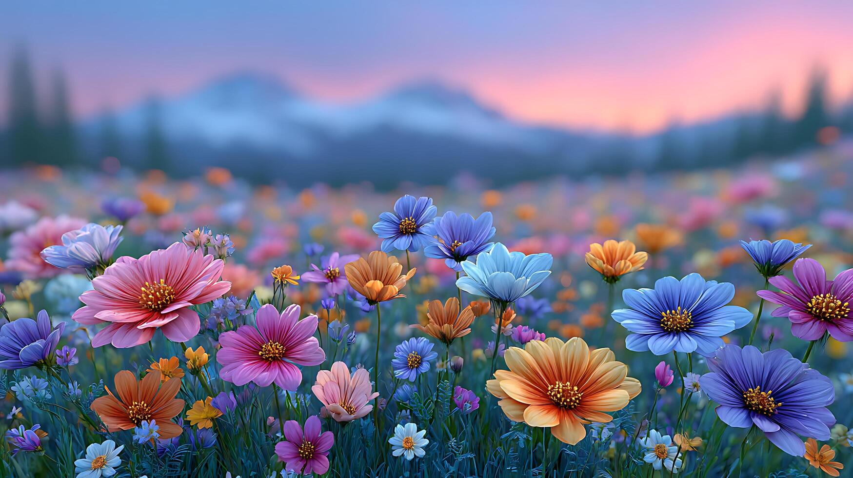 Colorful flower field with mountain background photo