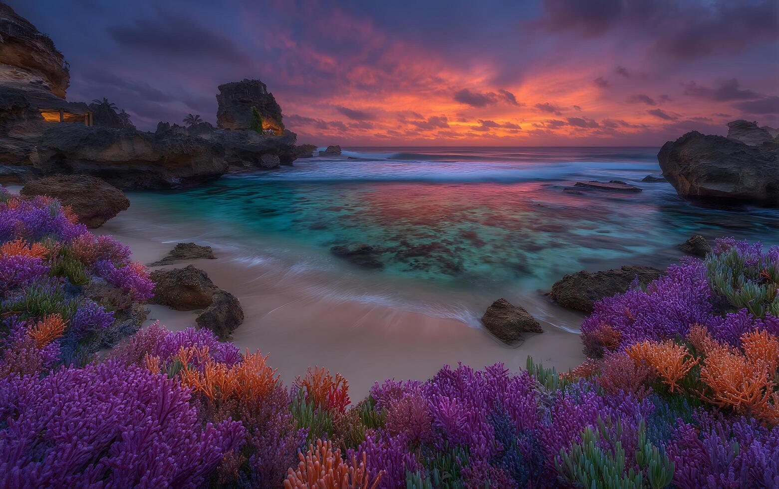 Dramatic Coastal Landscape with Vibrant Coral Garden at Sunset photo
