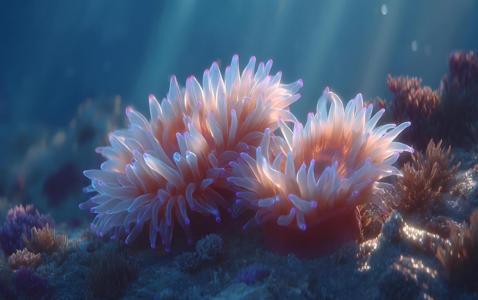 Glowing Sea Anemones Underwater with Light Rays photo