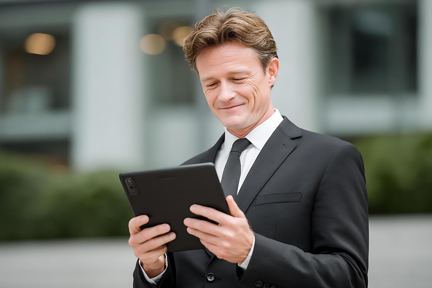Middle-aged executive working on a tablet outdoor photo