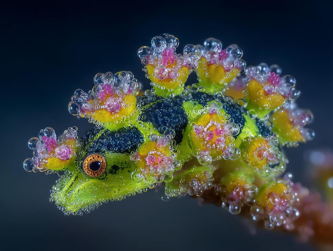 Incredible Dew-Covered Frog Eye Macro on Branch photo