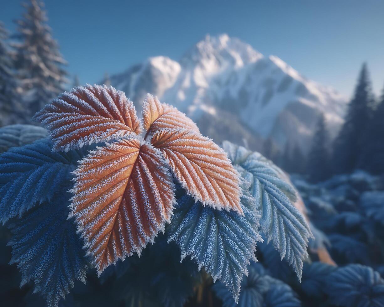 Hoarfrost on Autumn Leaves With Snowy Mountains photo