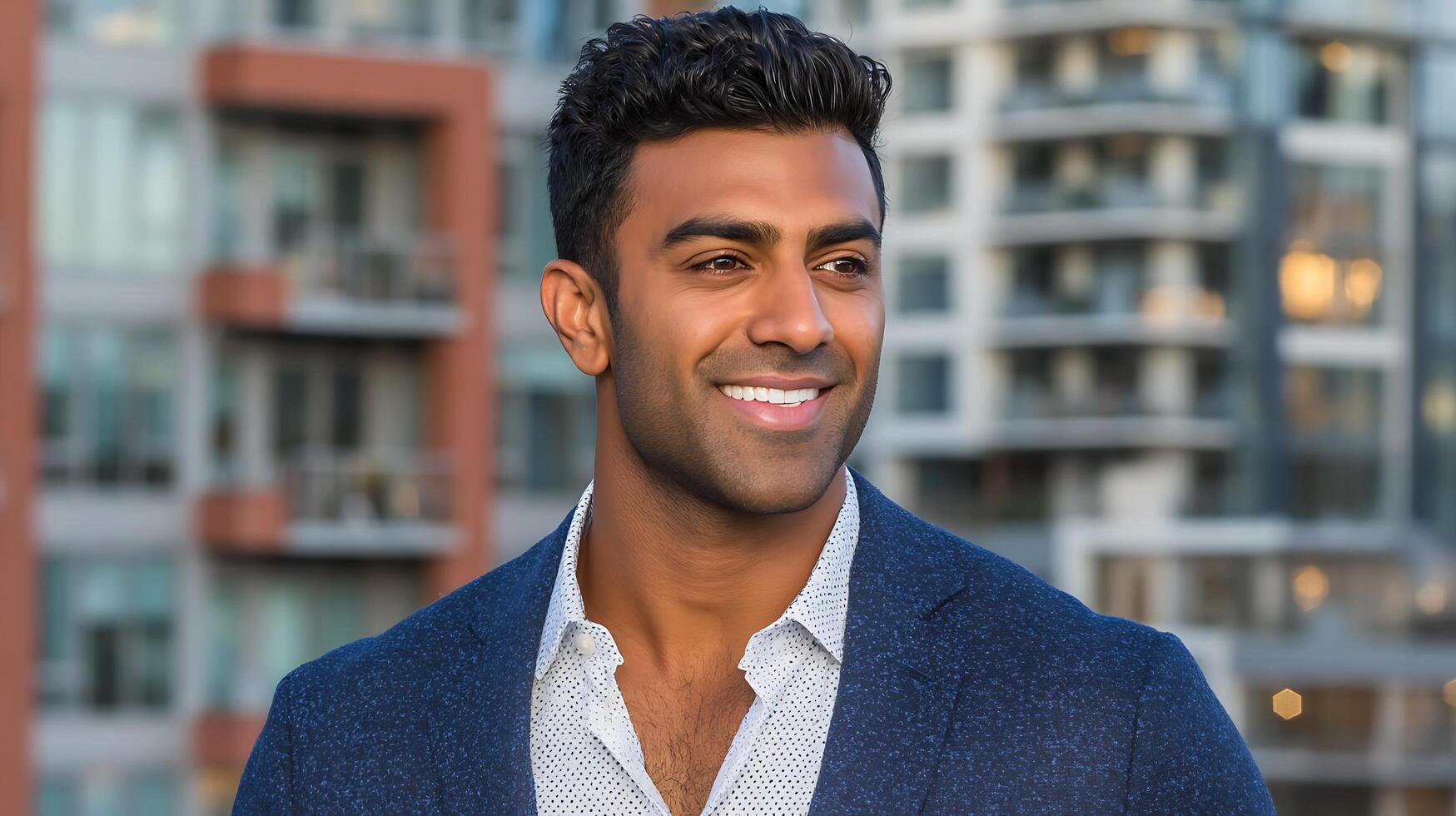 Portrait of Stylish Smiling Man in City photo