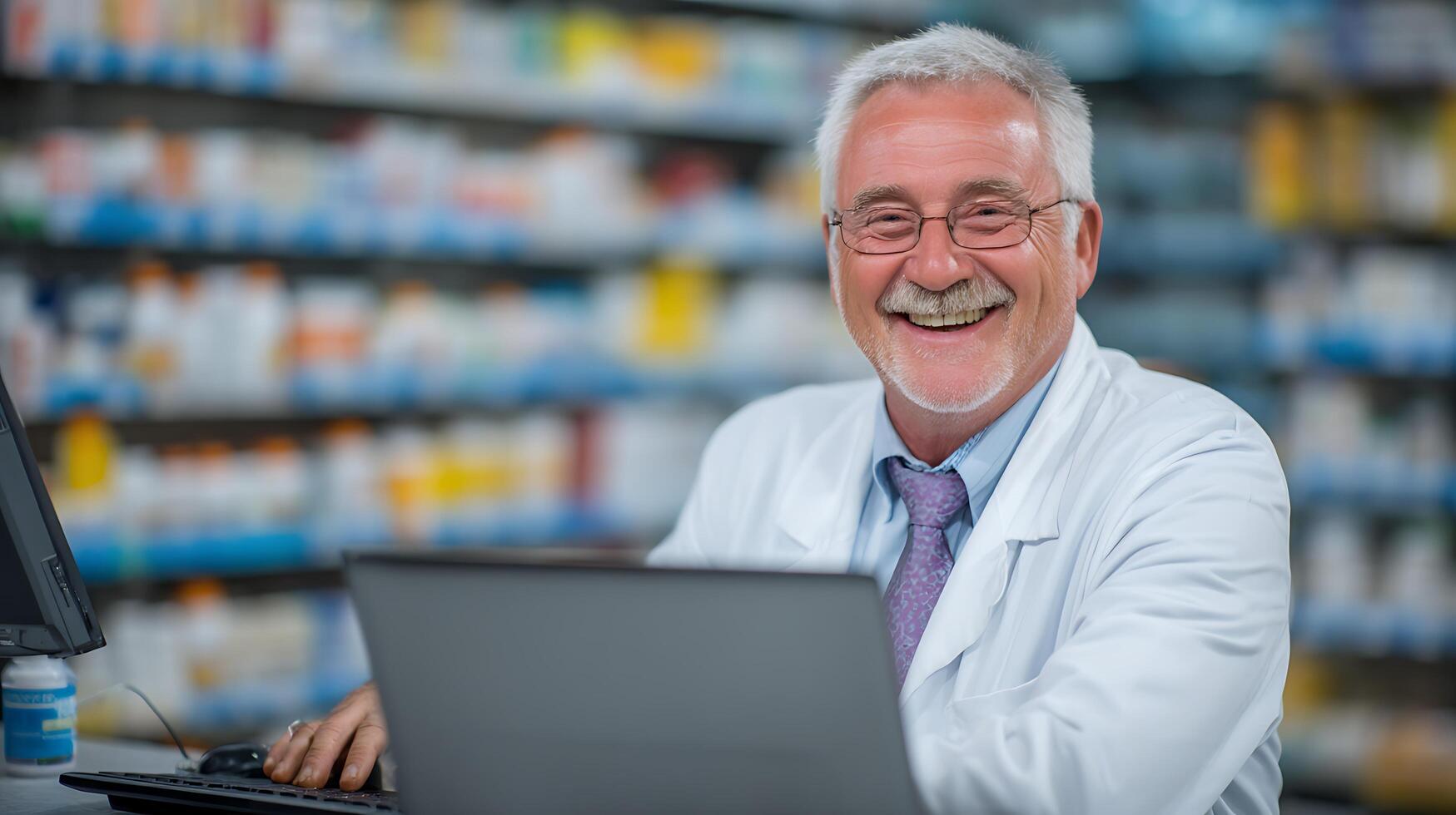 Friendly Pharmacist Smiling at Laptop in Pharmacy photo