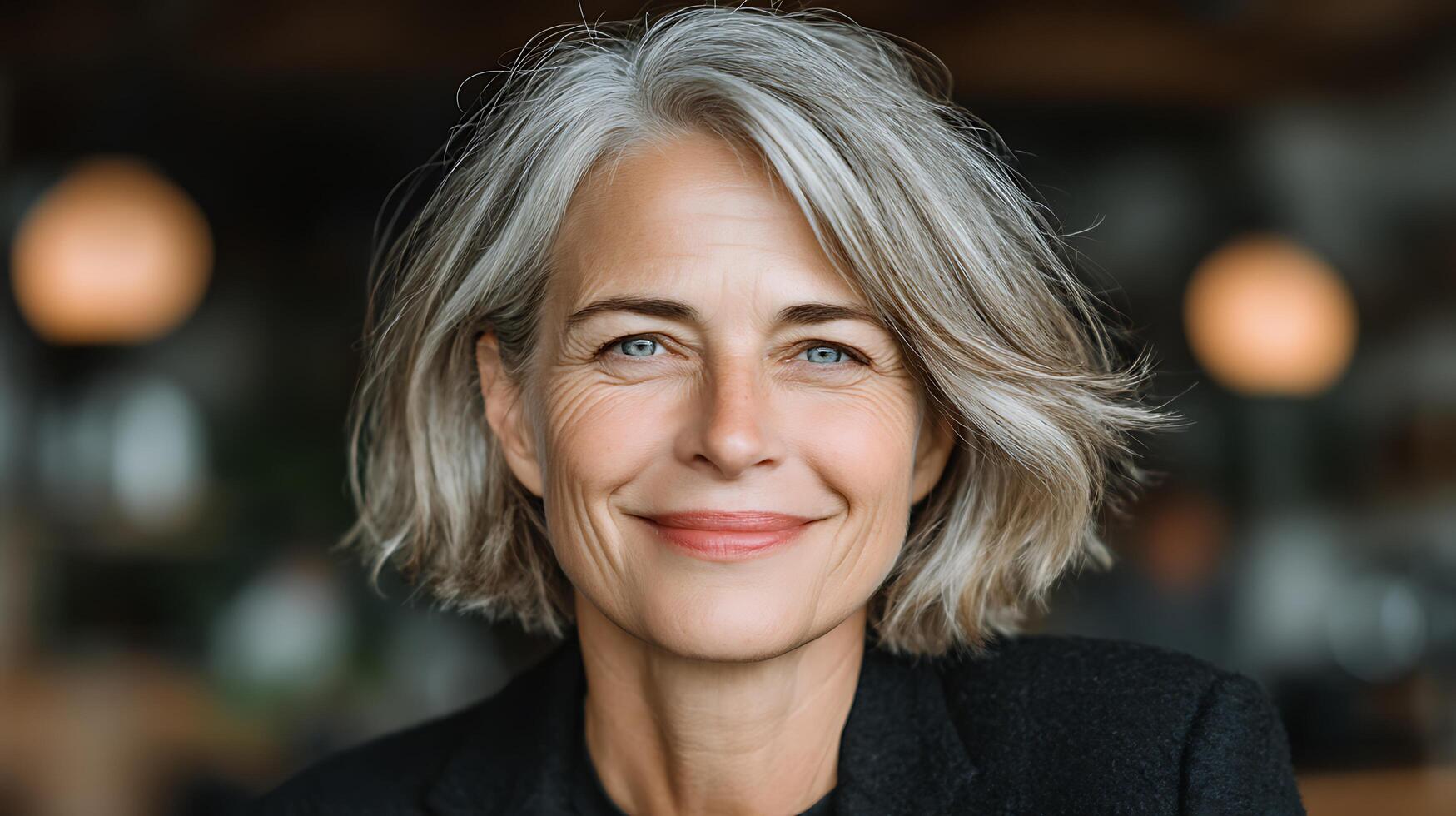 Attractive Mature Woman Portrait with Gray Hair Smiling photo
