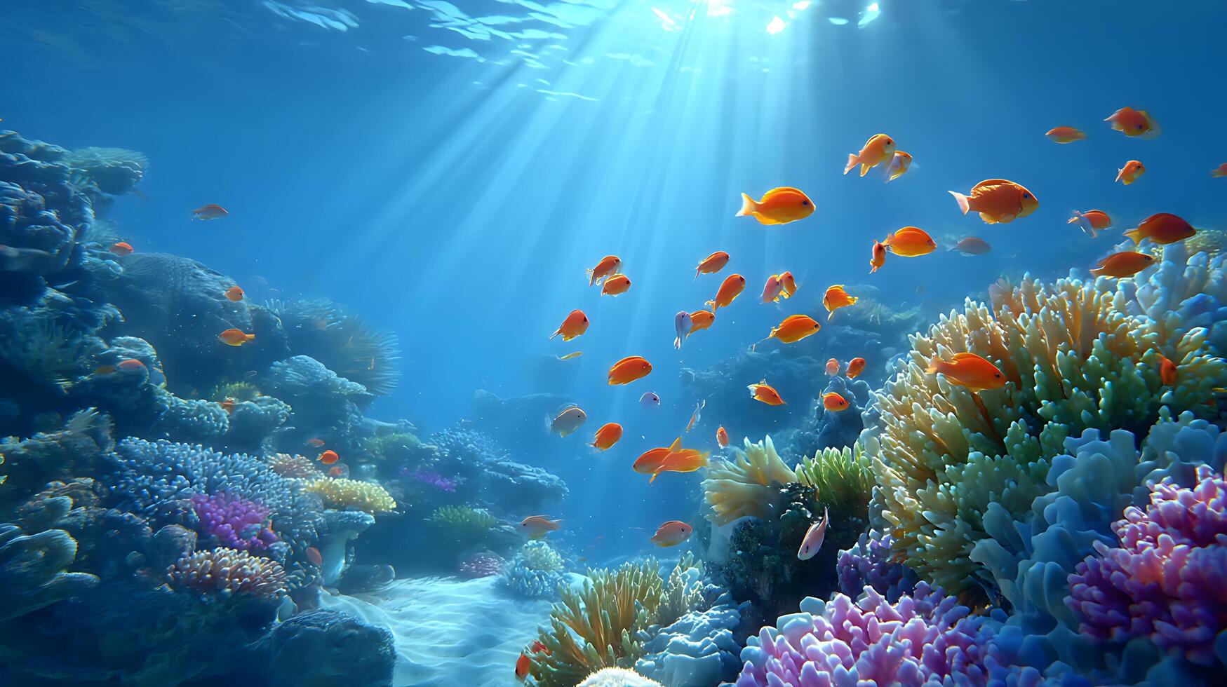Coral Reef Underwater Scene with Colorful Fish and Sunbeams photo