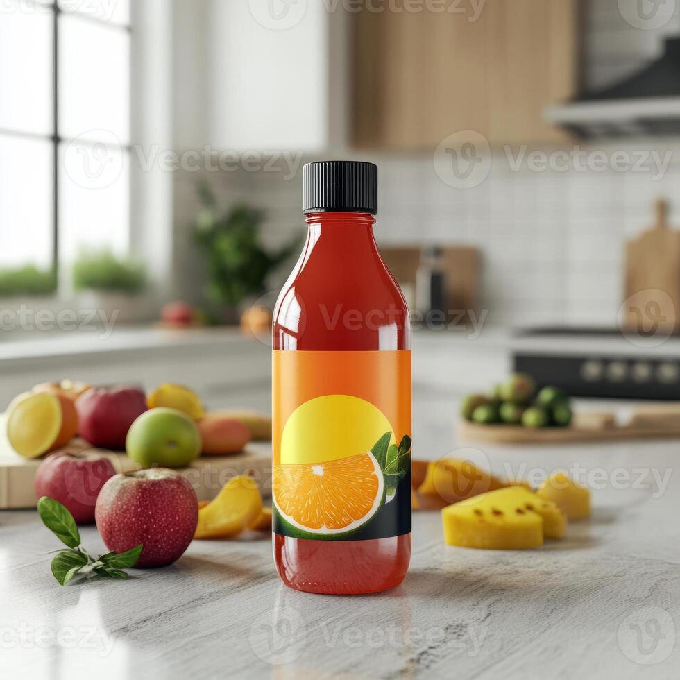 Red Citrus Beverage Bottle in Bright Kitchen Setting photo
