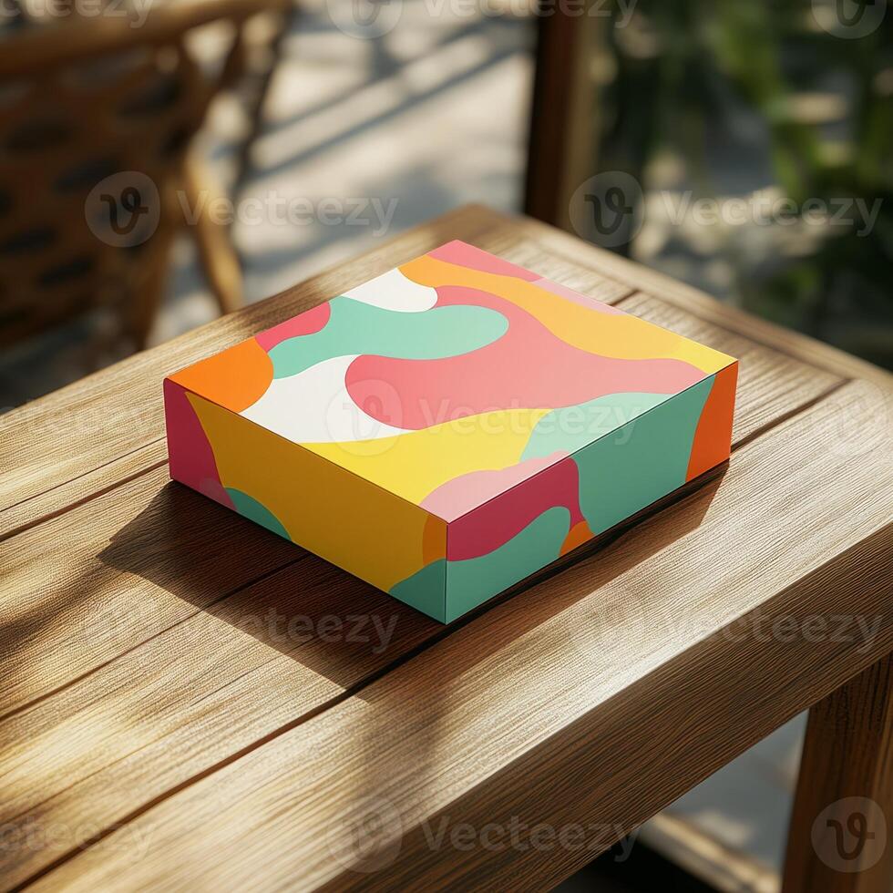 Colorful Abstract Patterned Box on Wooden Table with Sunlight and Shadow Play photo