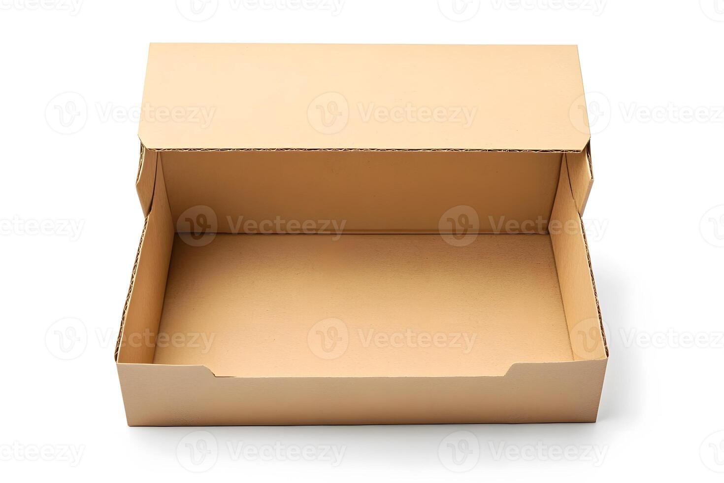 Open cardboard box with lid partially covering the top isolated on white photo