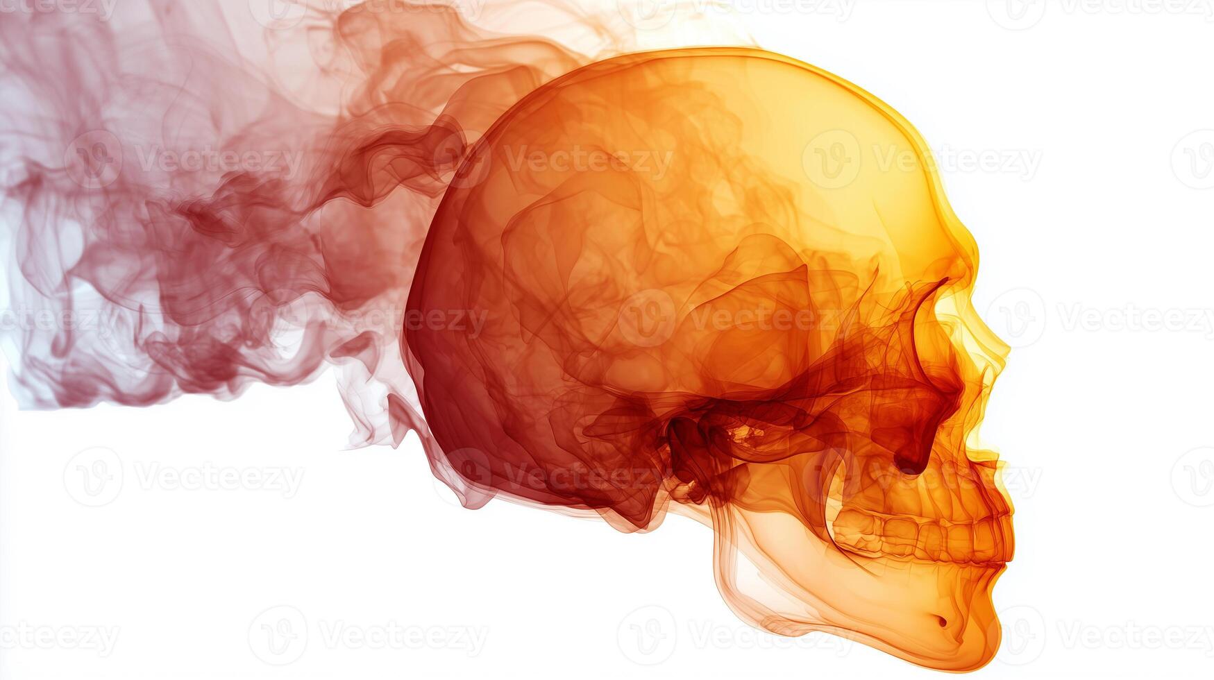 Skull shape enveloped in fire with glowing outlines and swirling smoke on white background photo