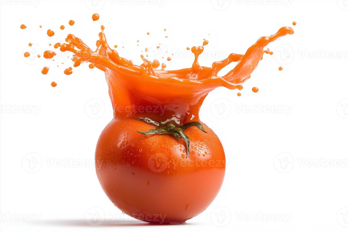 Tomato juice splash with pulp captured in a dynamic moment against a clean white background photo