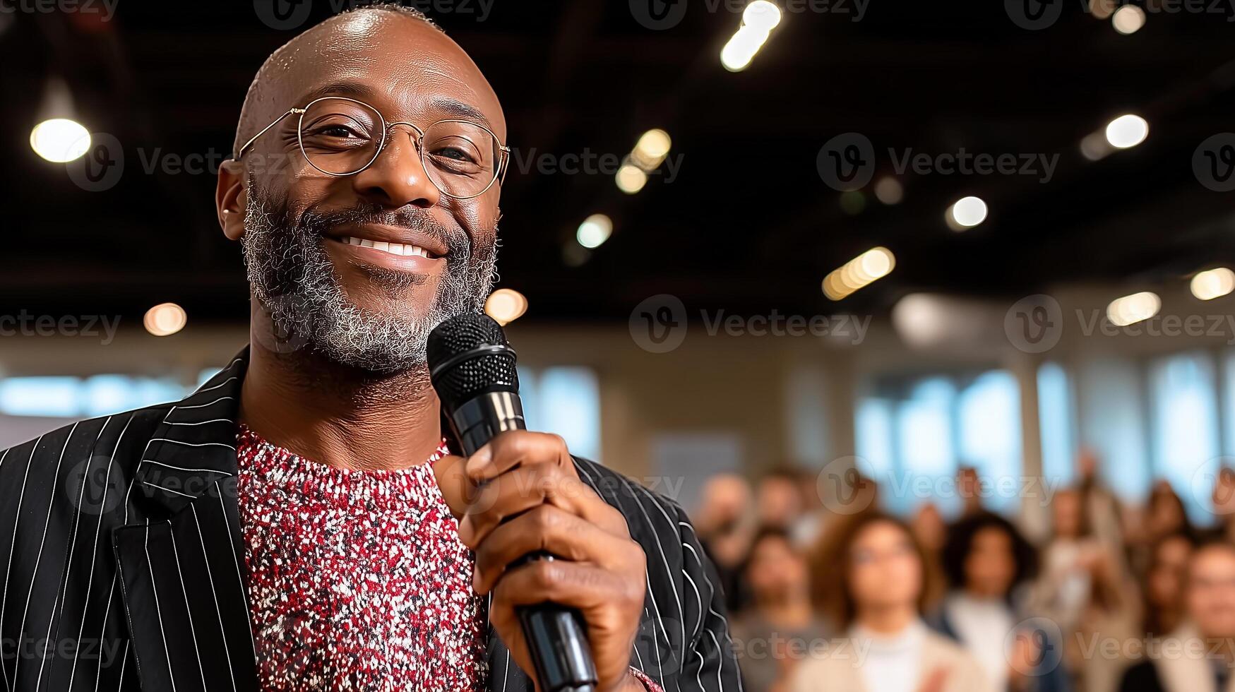 Motivational speaker inspires engaged audience during corporate training session in vibrant conference room photo