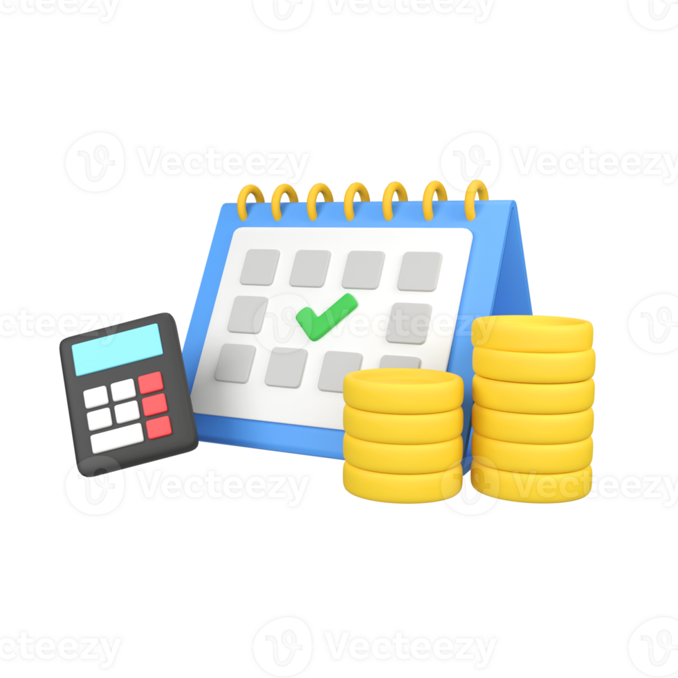 Money coin with calendar and calculator economy investment isolated 3d render icon illustration png