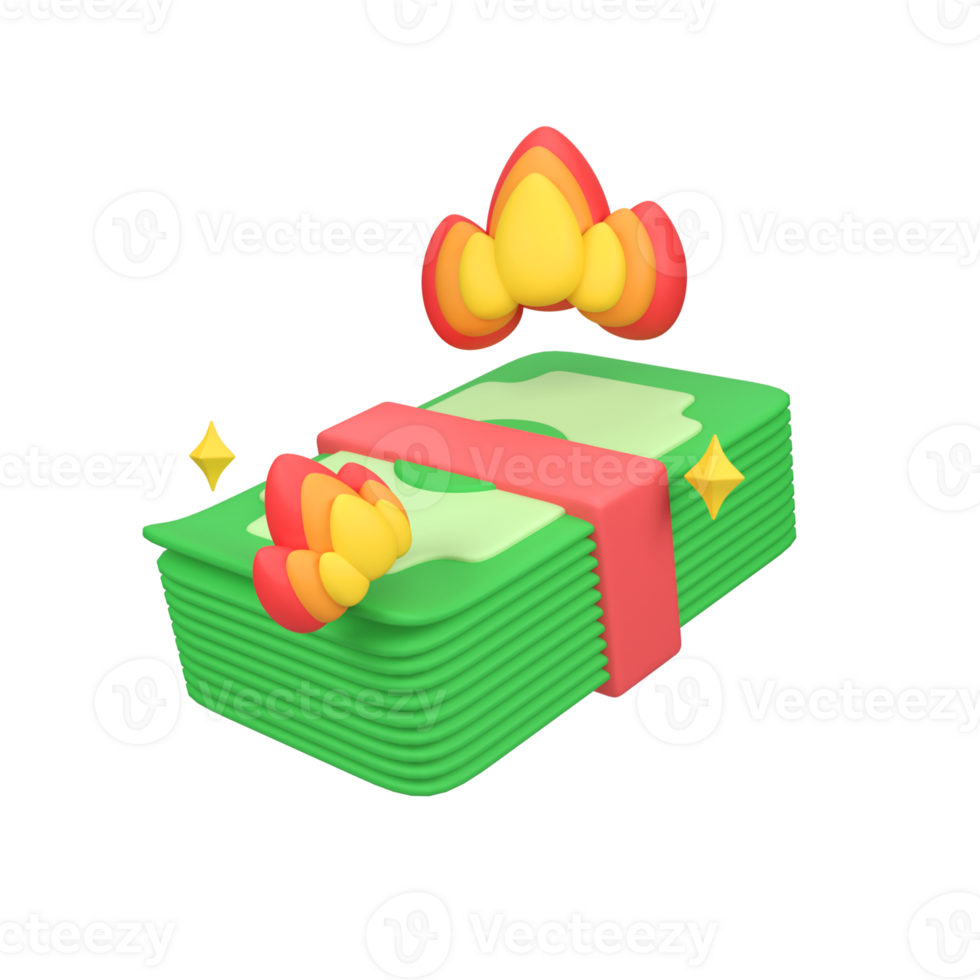 Stacks of cash with burning flames isolated 3d render icon illustration png