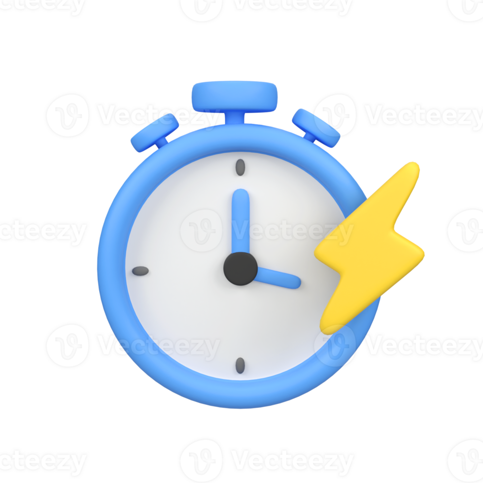 Blue clock stopwatch with thunder isolated 3d render icon illustration png