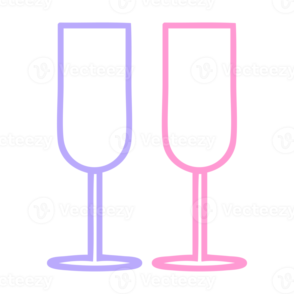 line drawing cartoon of a champagne flutes icon in bright neon color on transparent background png