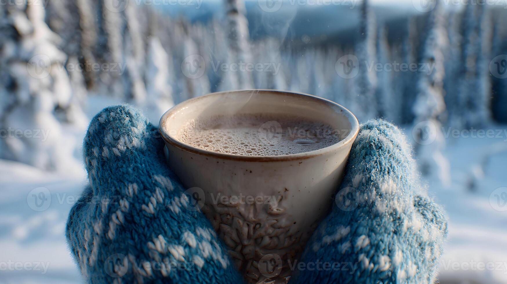 Steaming cocoa held in cozy mittens against snowy forest backdrop a winter warming drink for mountain cabin retreat or photo