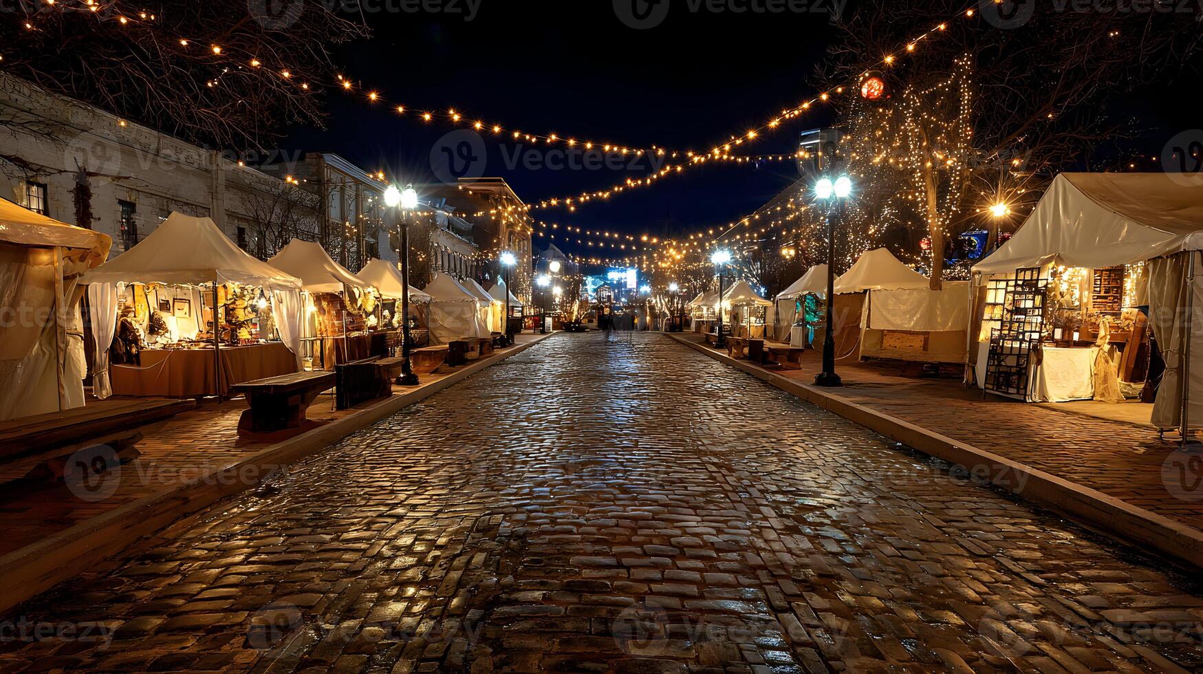 Charming festive artisan market at twilight illuminating cobblestone street with cozy string lights adding festive photo