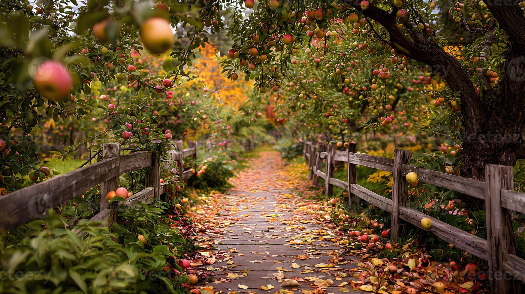 Enchanting autumn apple orchard path surrounded by ripe fruit and colorful foliage creating a picturesque seasonal photo
