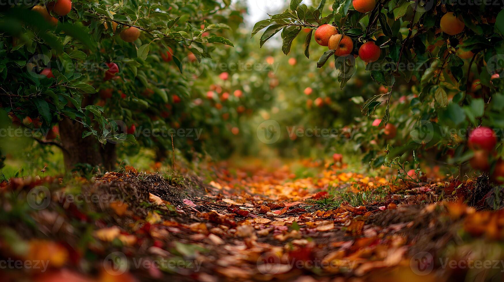 Harvest time in the organic apple orchard with lush trees laden with ripe fruits creating idyllic seasonal autumn photo