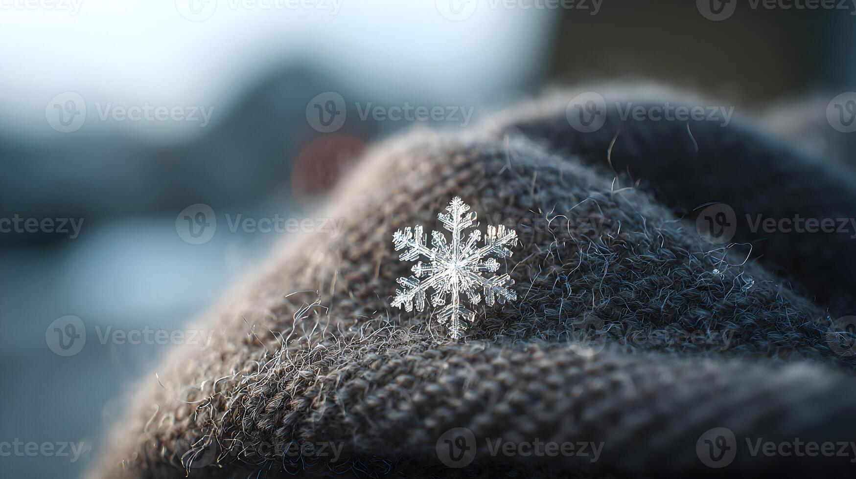 Intricate winter snowflake resting on cozy knit glove capturing seasonal magic and the delicate beauty of crystallized photo