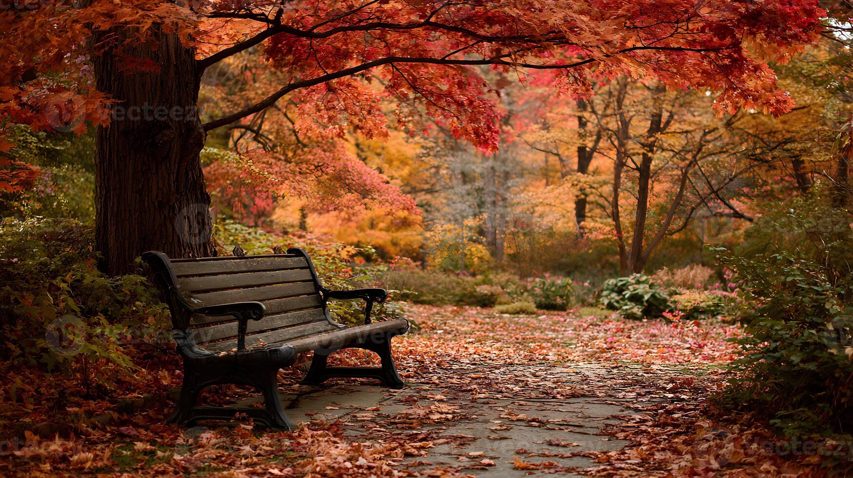 Tranquil autumn vista features a serene park bench nestled under vibrant foliage and a path adorned with fallen leaves photo