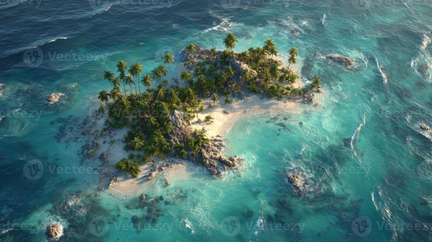 Serene Aerial View of Tropical Island Surrounded by Turquoise Waters and Lush Palm Trees in Bright Sunlight photo