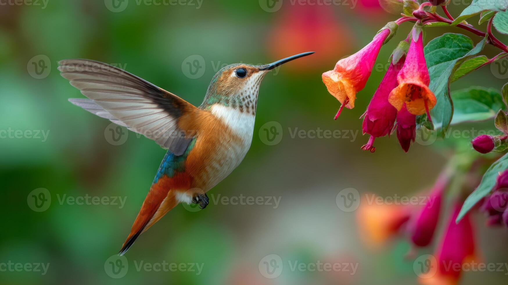 Vibrant Hummingbird Hovering Near Colorful Flowers in Nature's Garden photo