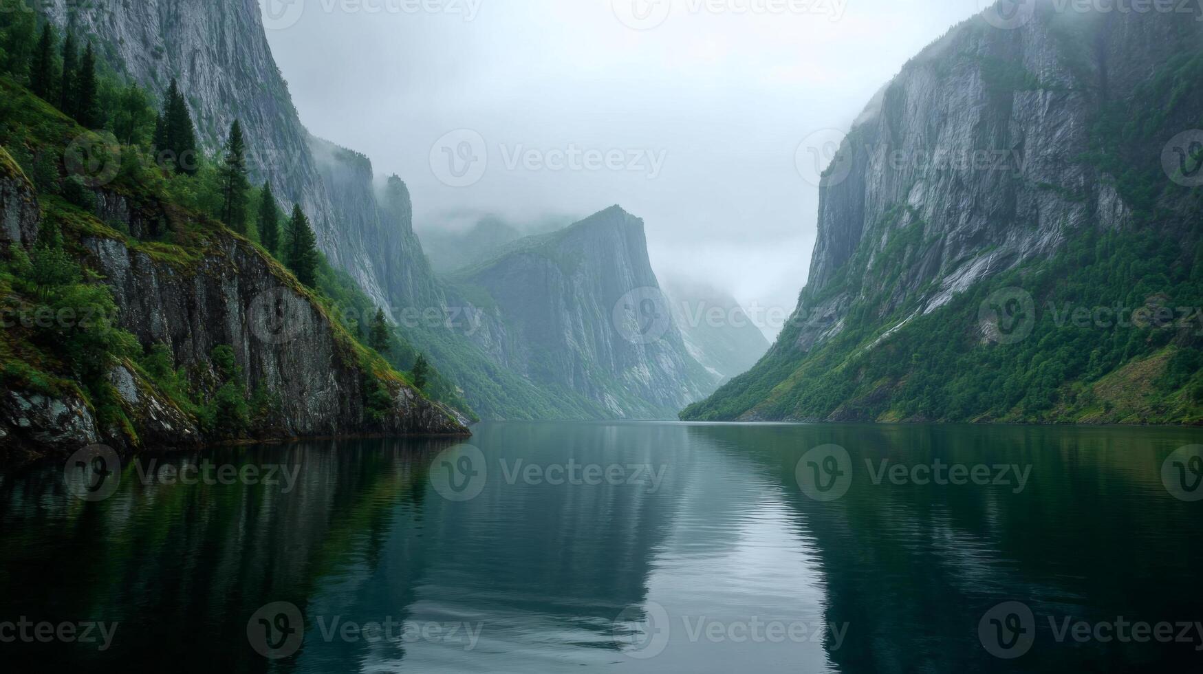 Serene Mountain Landscape with Fog and Calm Water Reflection in Majestic Norwegian Fjord During Overcast Atmospheric Conditions photo