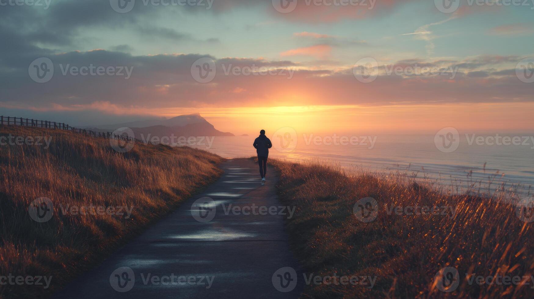 Serene Sunset Walk Along a Coastal Path with a Lone Figure and Vibrant Skies photo